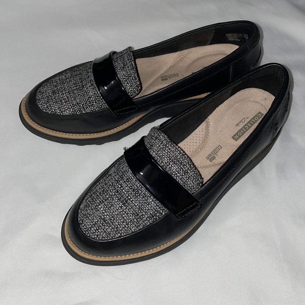 🖤Clarks tweed & leather platform loafer 🖤 sz.6